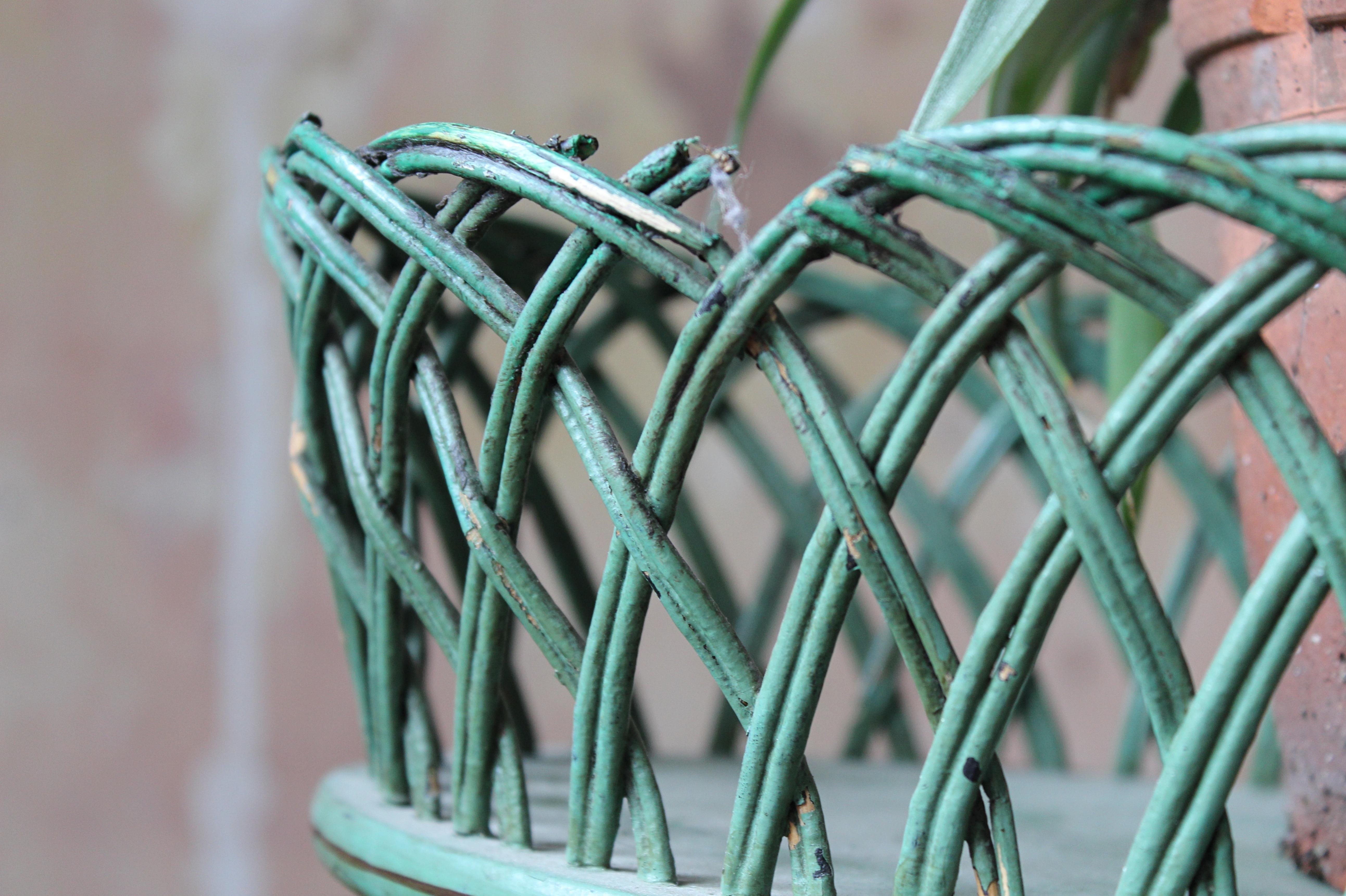 Early 20th C Pair of Regency Style Mist Green Pine & Wicker Jardinieres Planters For Sale 5