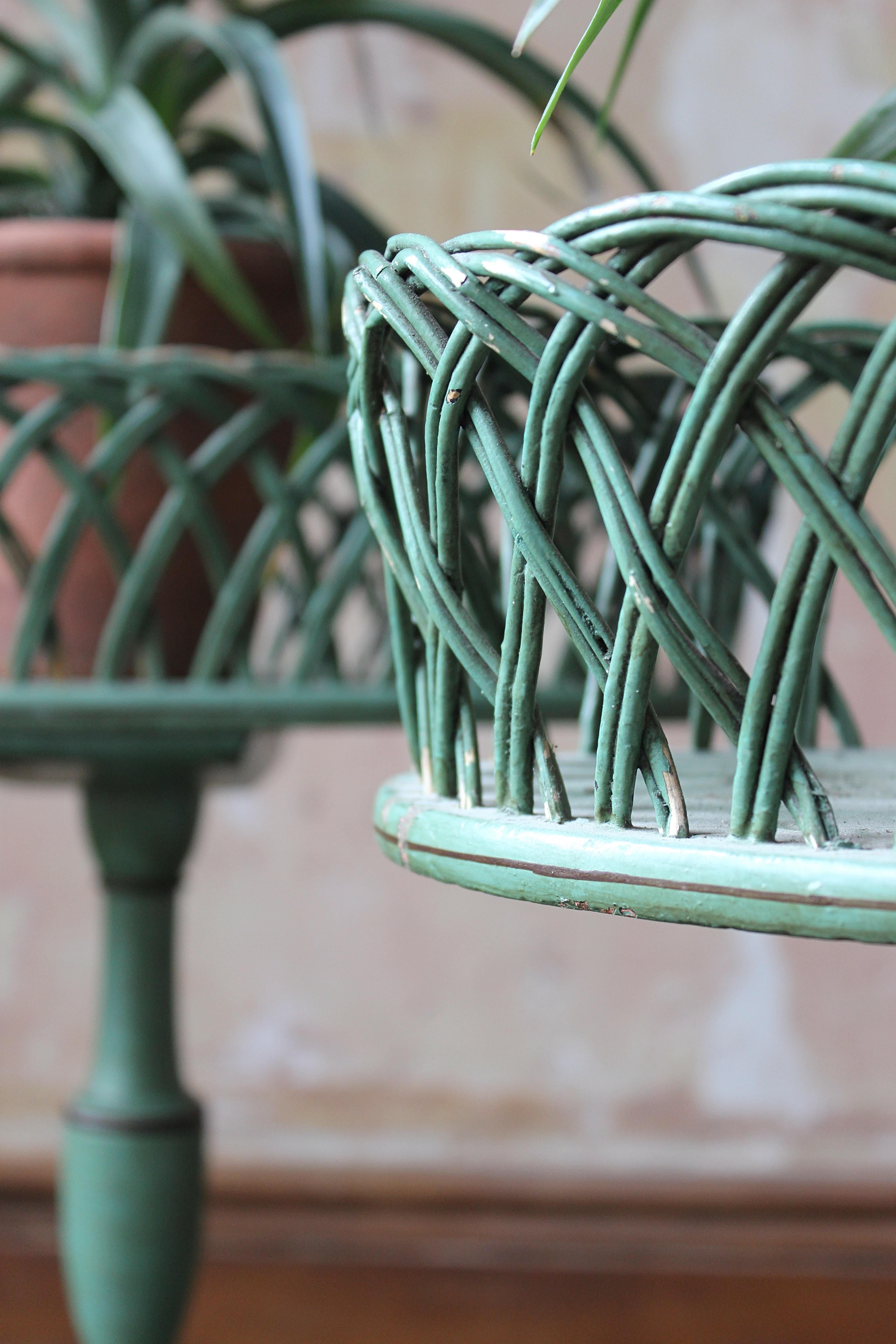 Early 20th C Pair of Regency Style Mist Green Pine & Wicker Jardinieres Planters For Sale 6