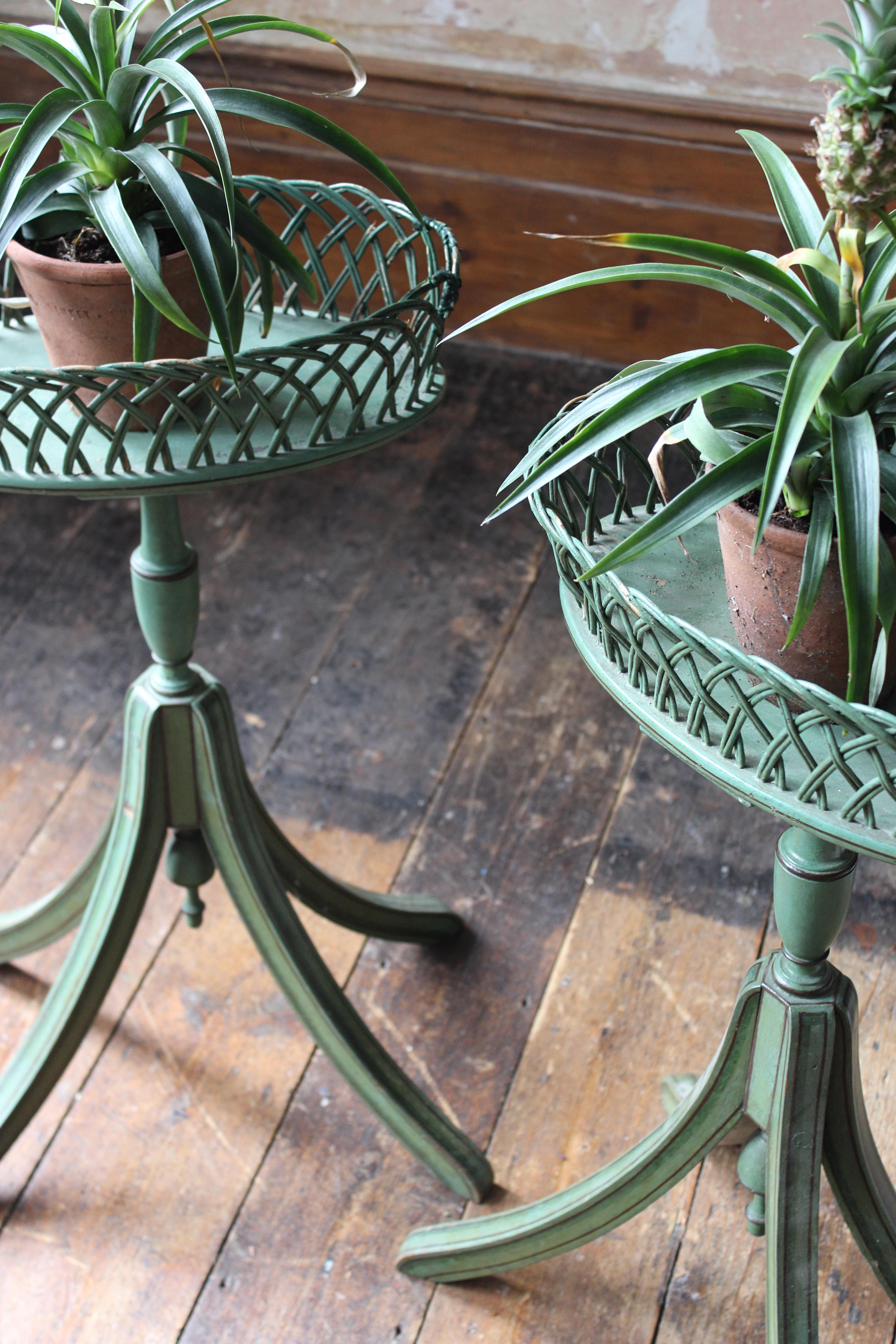 Early 20th C Pair of Regency Style Mist Green Pine & Wicker Jardinieres Planters For Sale 9