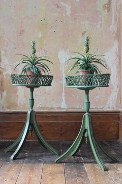 Early 20th C Pair of Regency Style Mist Green Pine & Wicker Jardinieres Planters
