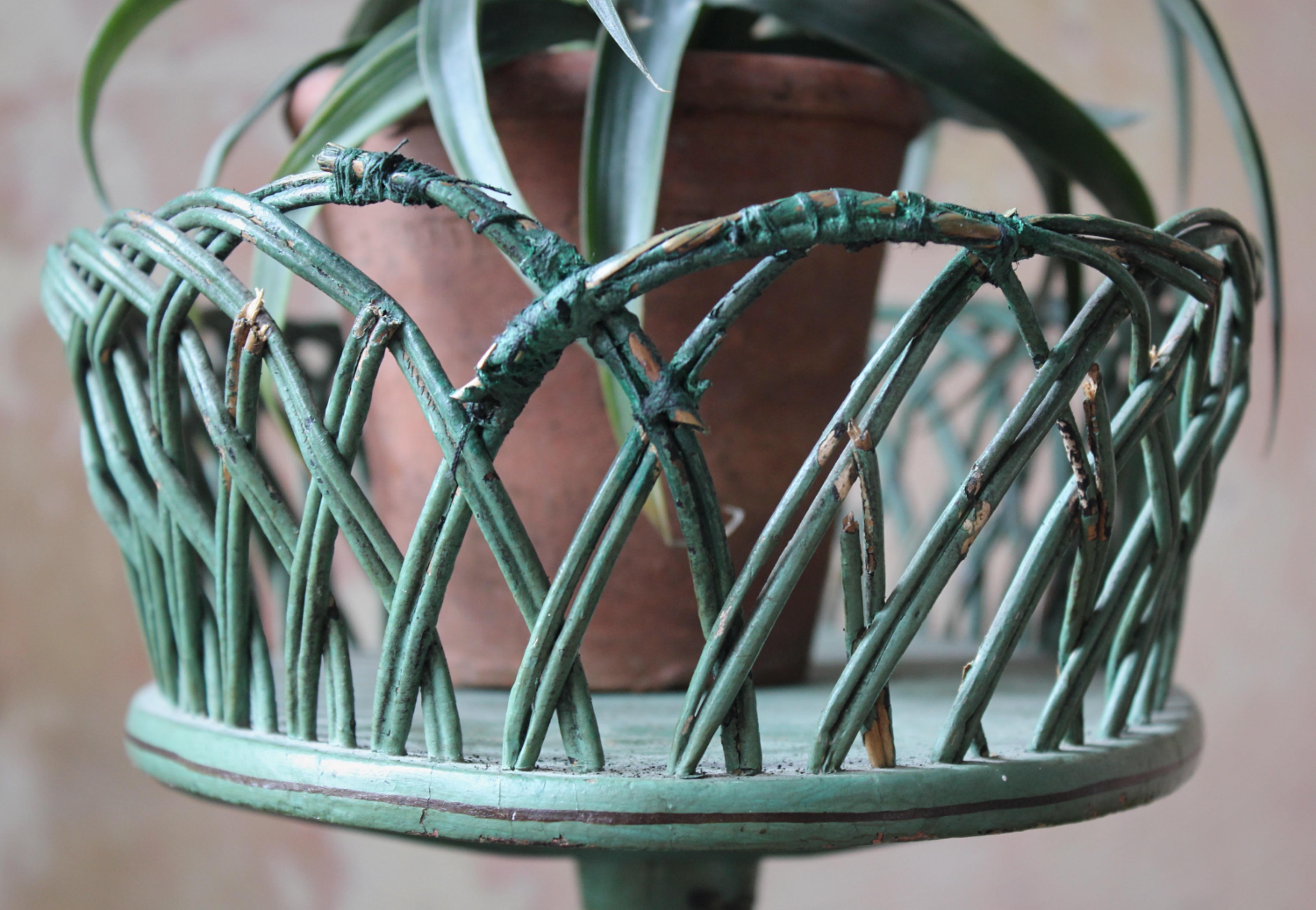Early 20th C Pair of Regency Style Mist Green Pine & Wicker Jardinieres Planters For Sale 4
