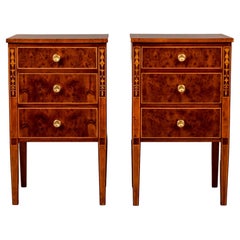 Early 20th C Pair Three Drawer Side Tables with Decorative Inlay