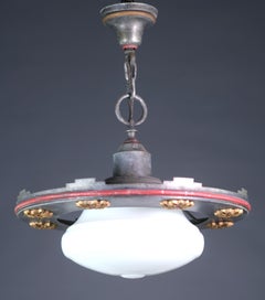 Early 20th C Pendant Light w Milk Glass Shade Original Patina