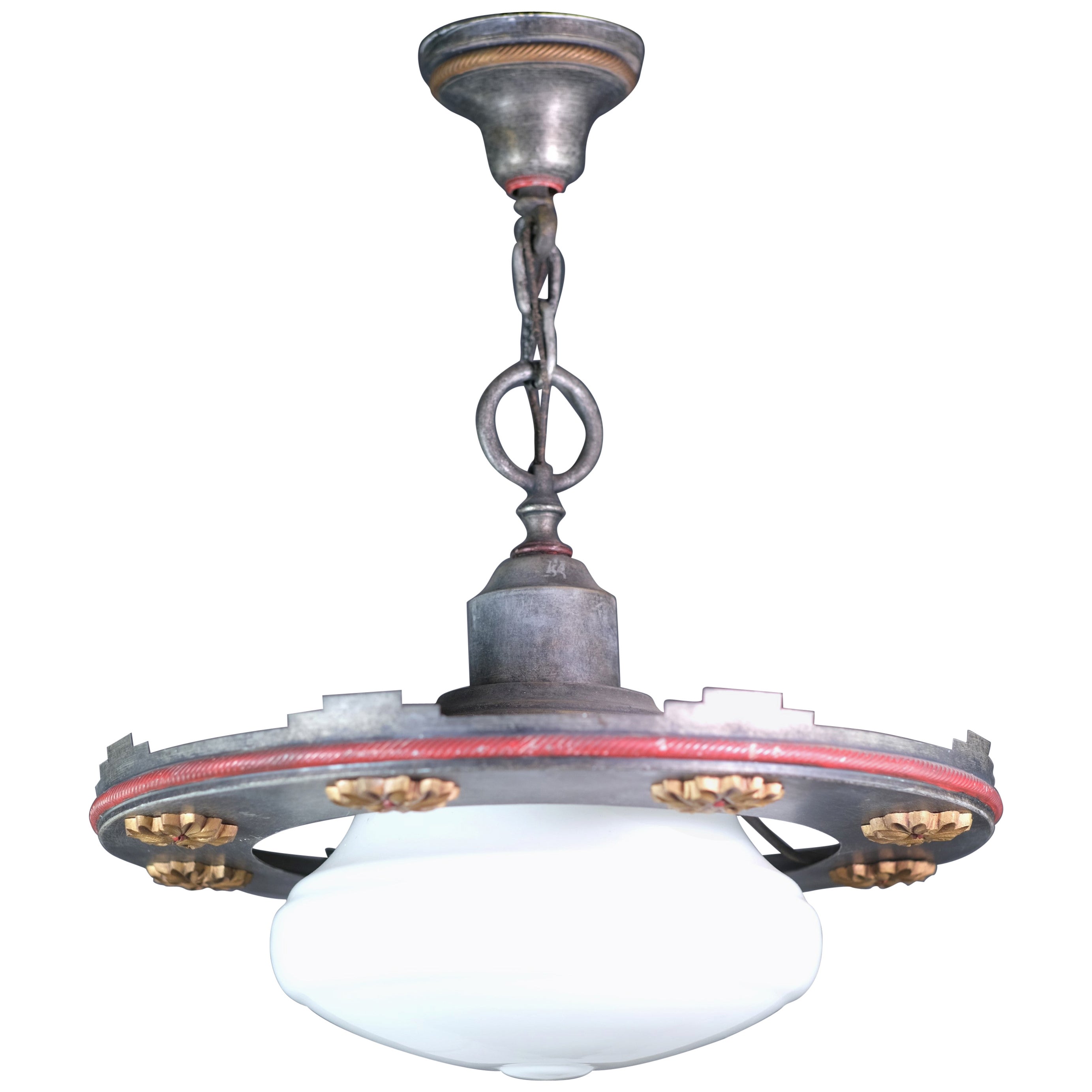 Early 20th C Pendant Light w Milk Glass Shade Original Patina