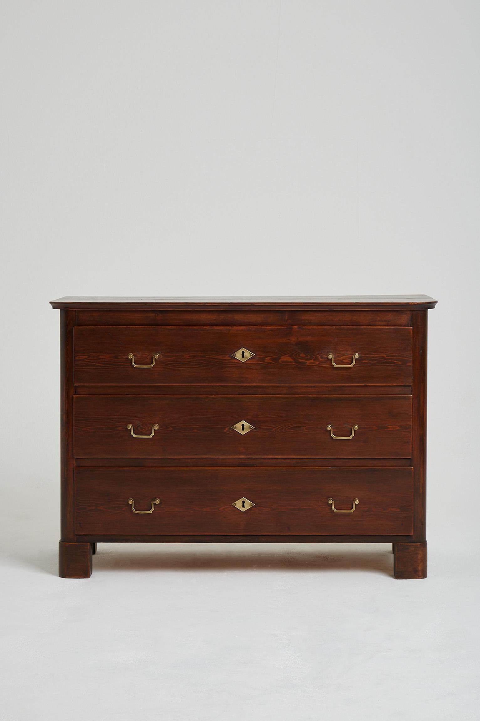 Mid-Century Modern Early 20th Century Pine and Brass Chest of Drawers