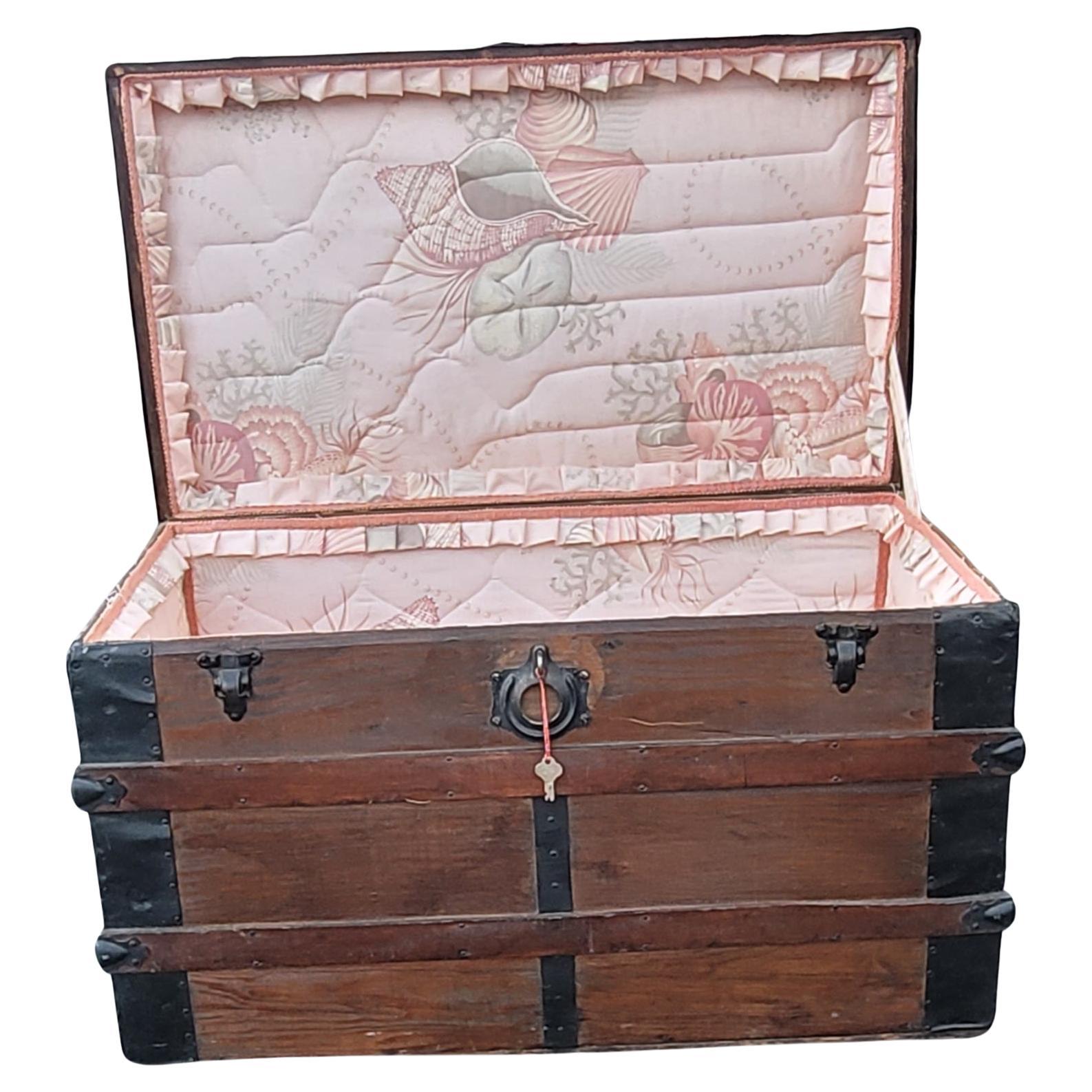 Early 20th C. Pine and Iron Mounted Upholstered Blanket Chest with Lock 1
