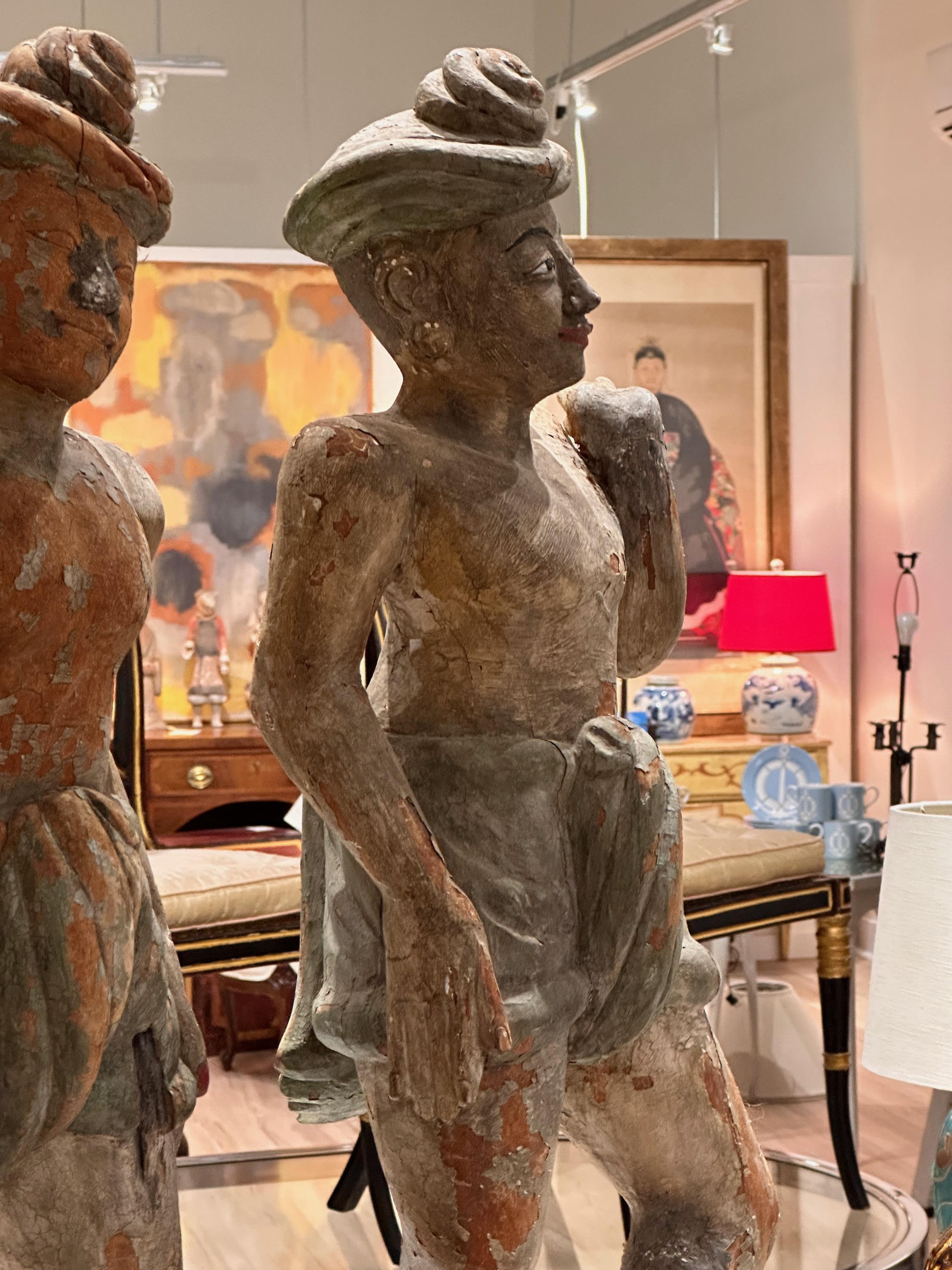 Wood Early 20th C. Polychrome Decorated Indonesian Standing Figures