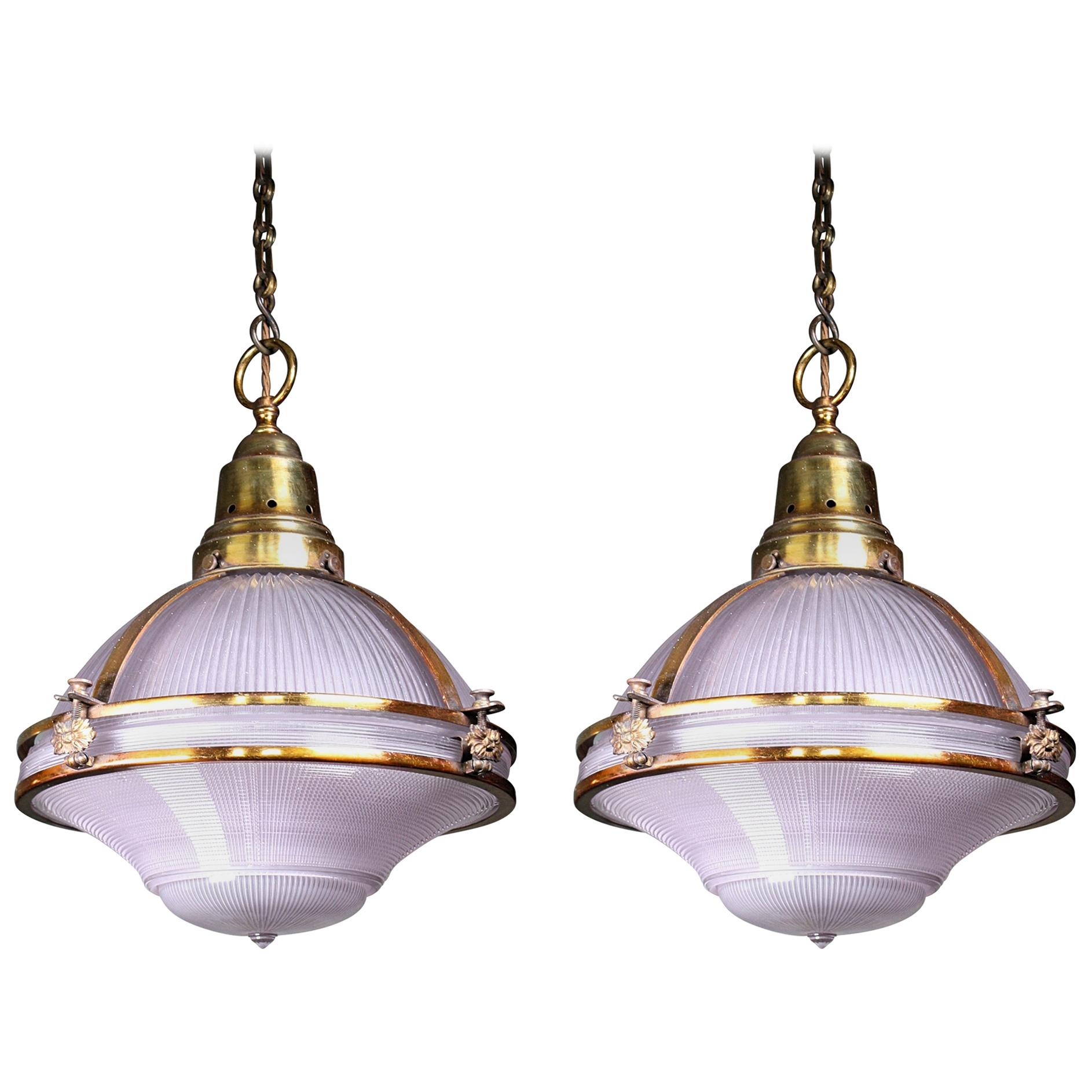 Rare Pair of Violet Tinted Holophane Gilt Copper Caged Pendants Lights
