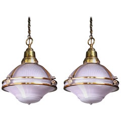 Antique Rare Pair of Violet Tinted Holophane Gilt Copper Caged Pendants Lights