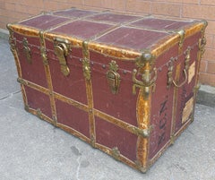 Early 20th C. Rawleys Brass and Leather Bound On Canvas Wardrobe Trunk
