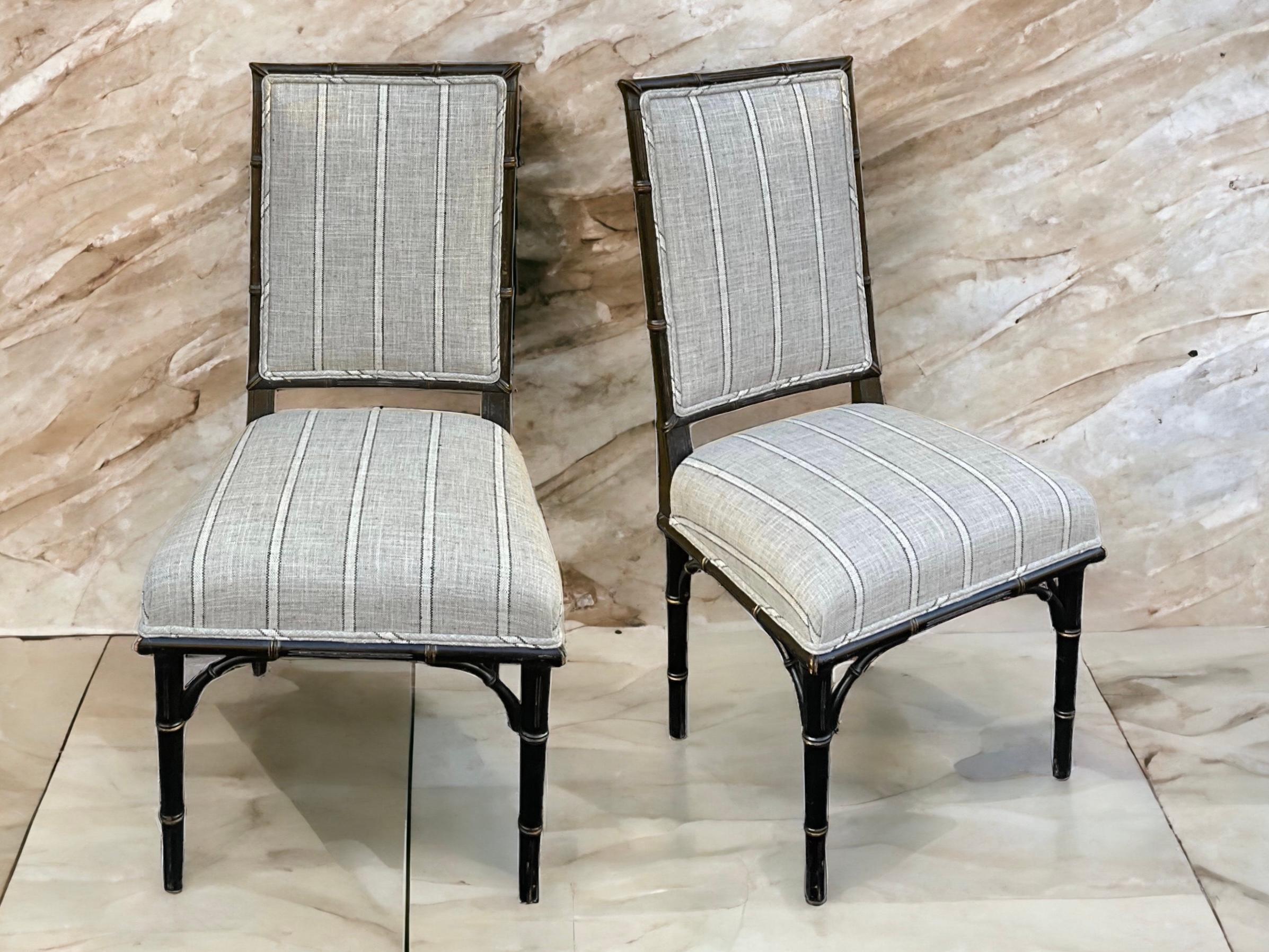 I love this pair of English Regency style faux bamboo side chairs. They have been recently upholstered in a striped linen. 

My shipping is for the Continental US only, and the certain parts of the country can run two to five weeks.n