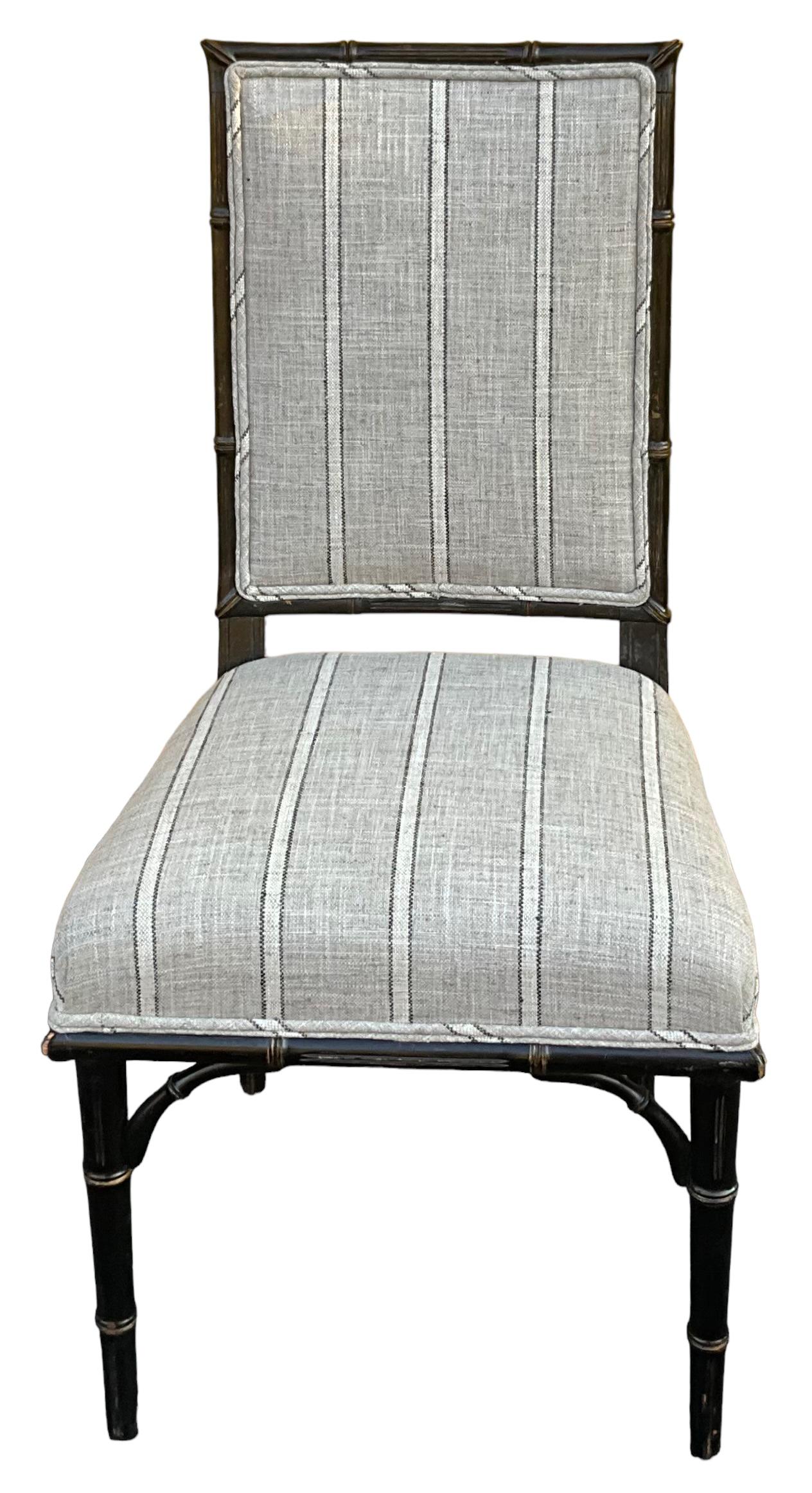 English Early 20th-C. Regency Style Ebonized Faux Bamboo Side Chairs In Linen -Pair For Sale