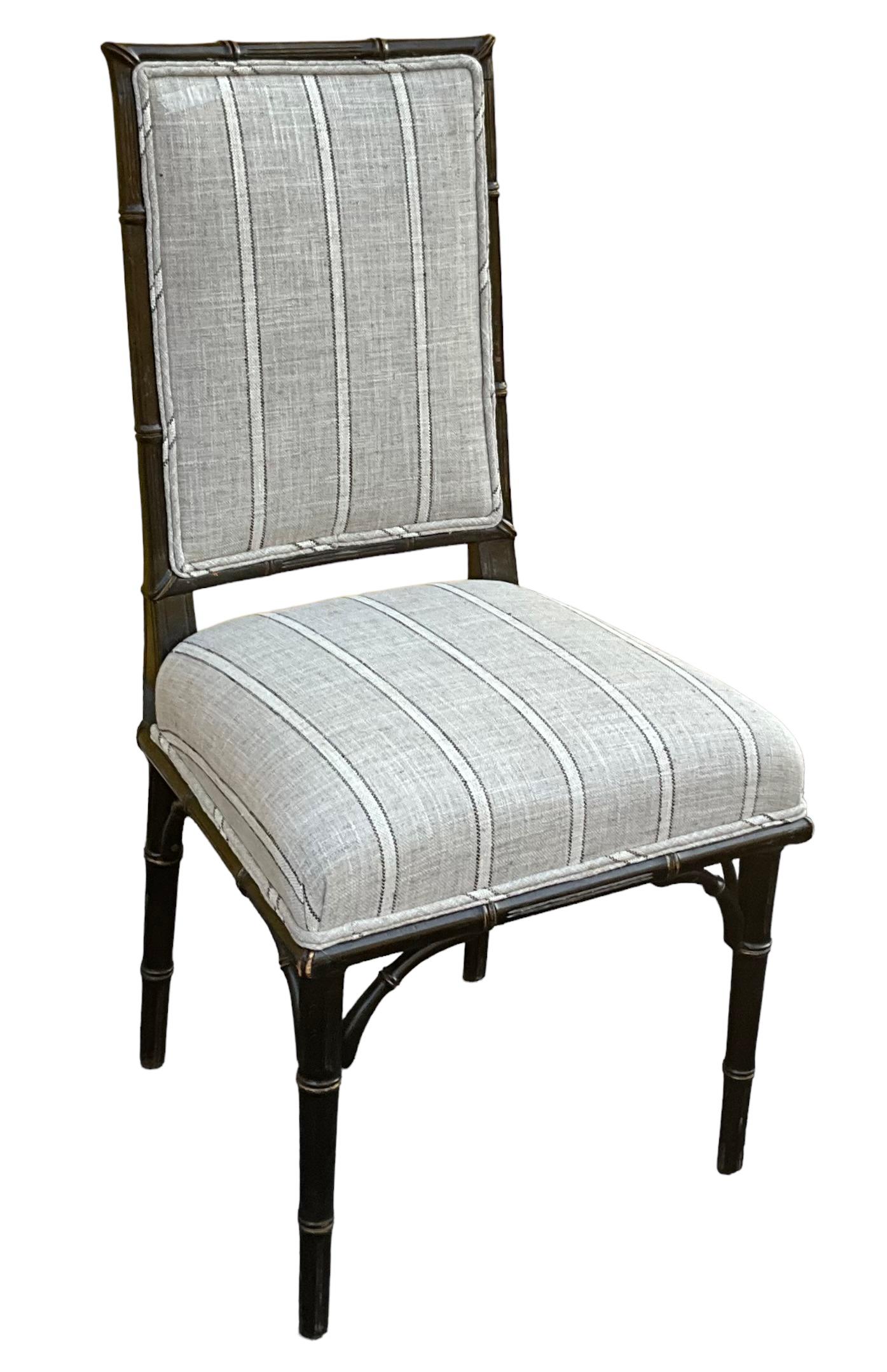 20th Century Early 20th-C. Regency Style Ebonized Faux Bamboo Side Chairs In Linen -Pair For Sale