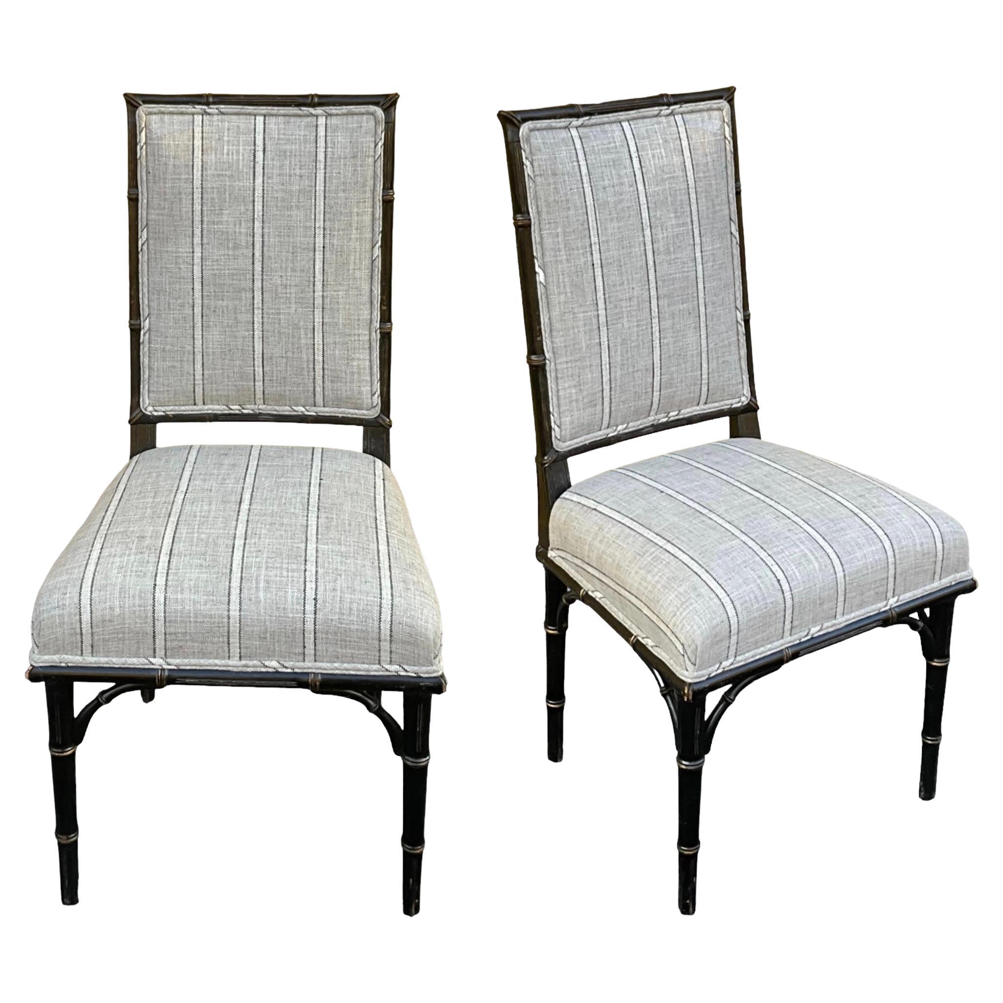 Early 20th-C. Regency Style Ebonized Faux Bamboo Side Chairs In Linen -Pair For Sale