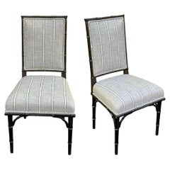 Early 20th-C. Regency Style Ebonized Faux Bamboo Side Chairs In Linen -Pair