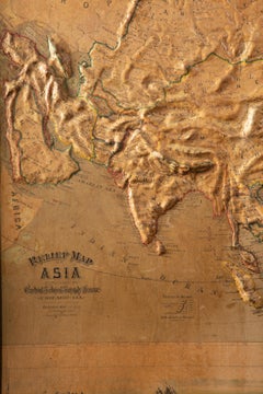 Early 20th C. Relief Maps: Asia Wood and Leather Frames
