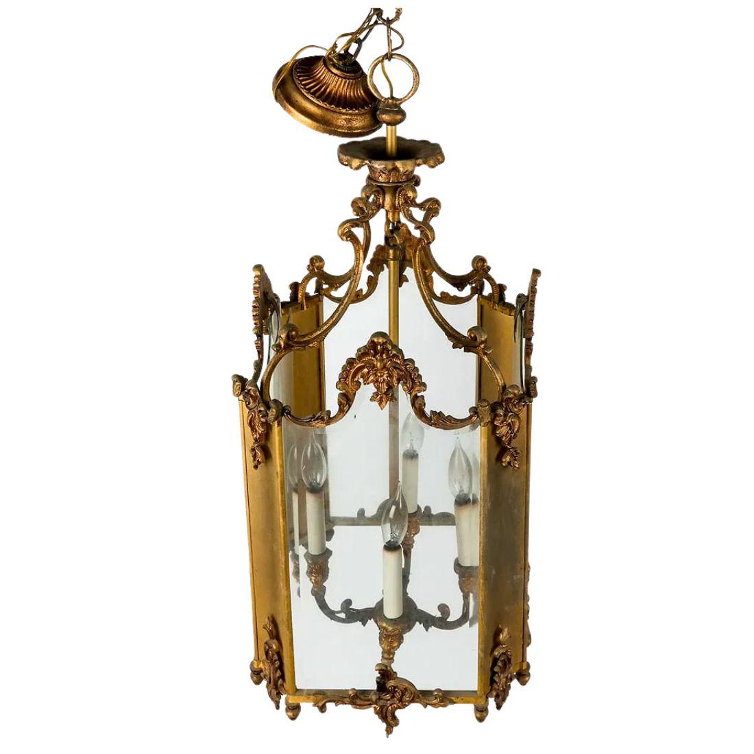 Early 20th C. Rococo Gilt Lantern With Acanthus Leaf Details In Good Condition For Sale In Locust Valley, NY