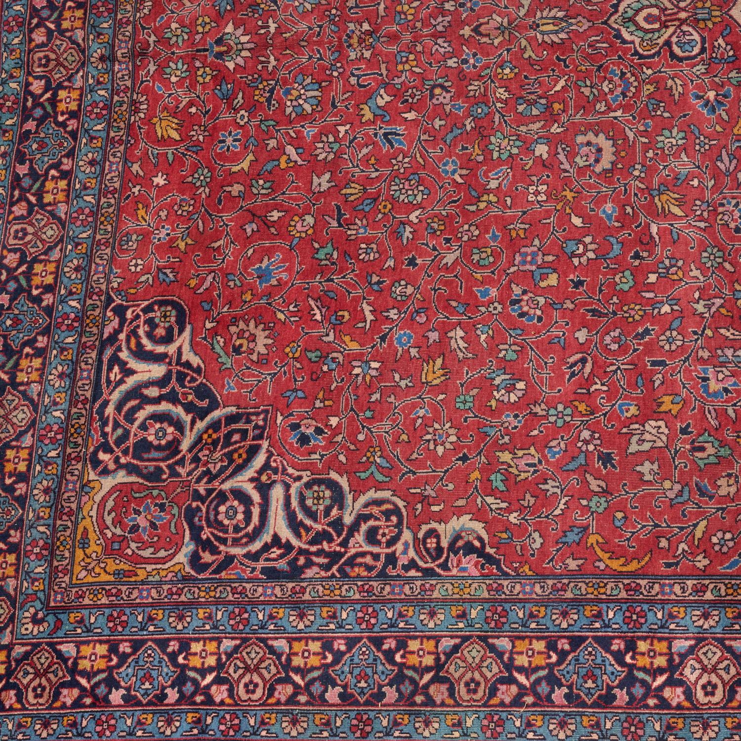 Persian Early 20th C. Room Sized Kashan Carpet, Scrolling Floral Vines on a Red Ground For Sale