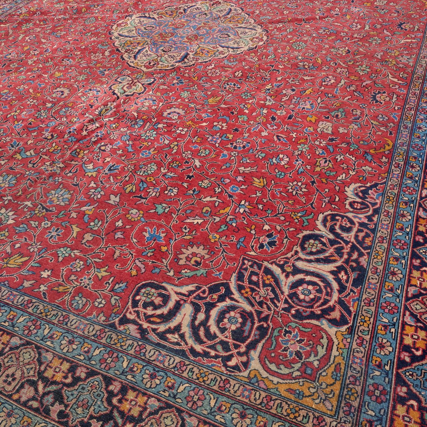 Wool Early 20th C. Room Sized Kashan Carpet, Scrolling Floral Vines on a Red Ground For Sale