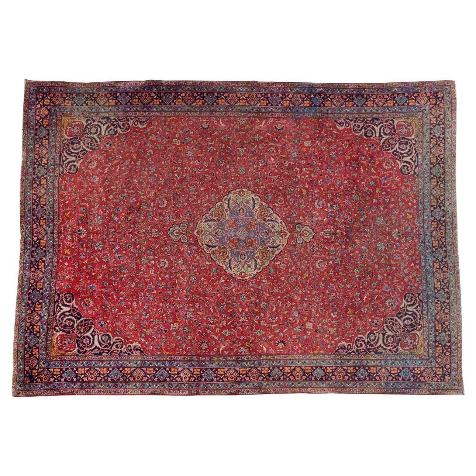 Early 20th C. Room Sized Kashan Carpet, Scrolling Floral Vines on a Red Ground For Sale