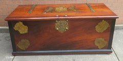 Early 20th C. Royal Dutch Brass Inlaid Coat of Arms Teak Large Storage Coffer