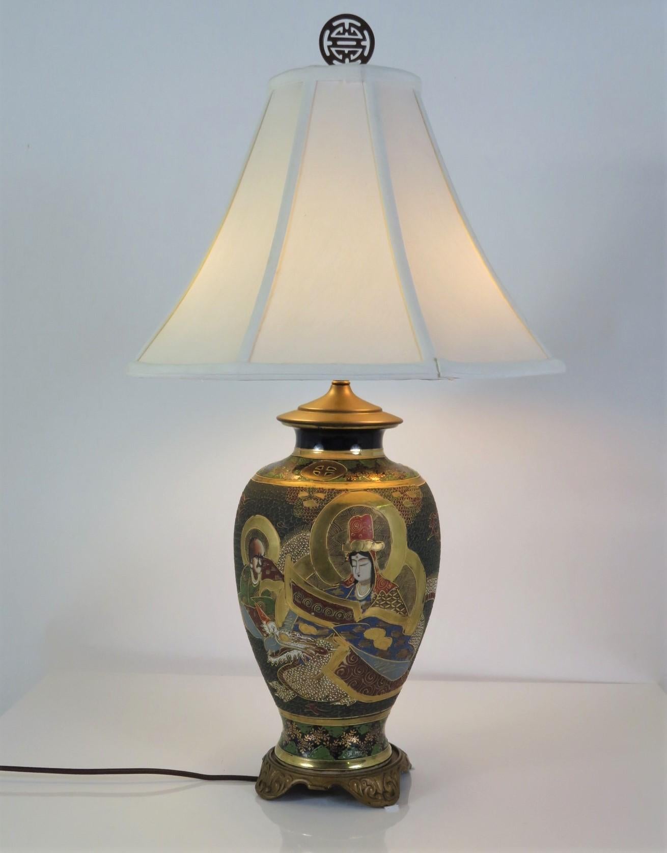 Early 20th C. Satsuma Pottery Table Lamp Gilt & Polychrome Immortals Japan 7