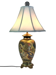 Early 20th C. Satsuma Pottery Table Lamp Gilt & Polychrome Immortals Japan