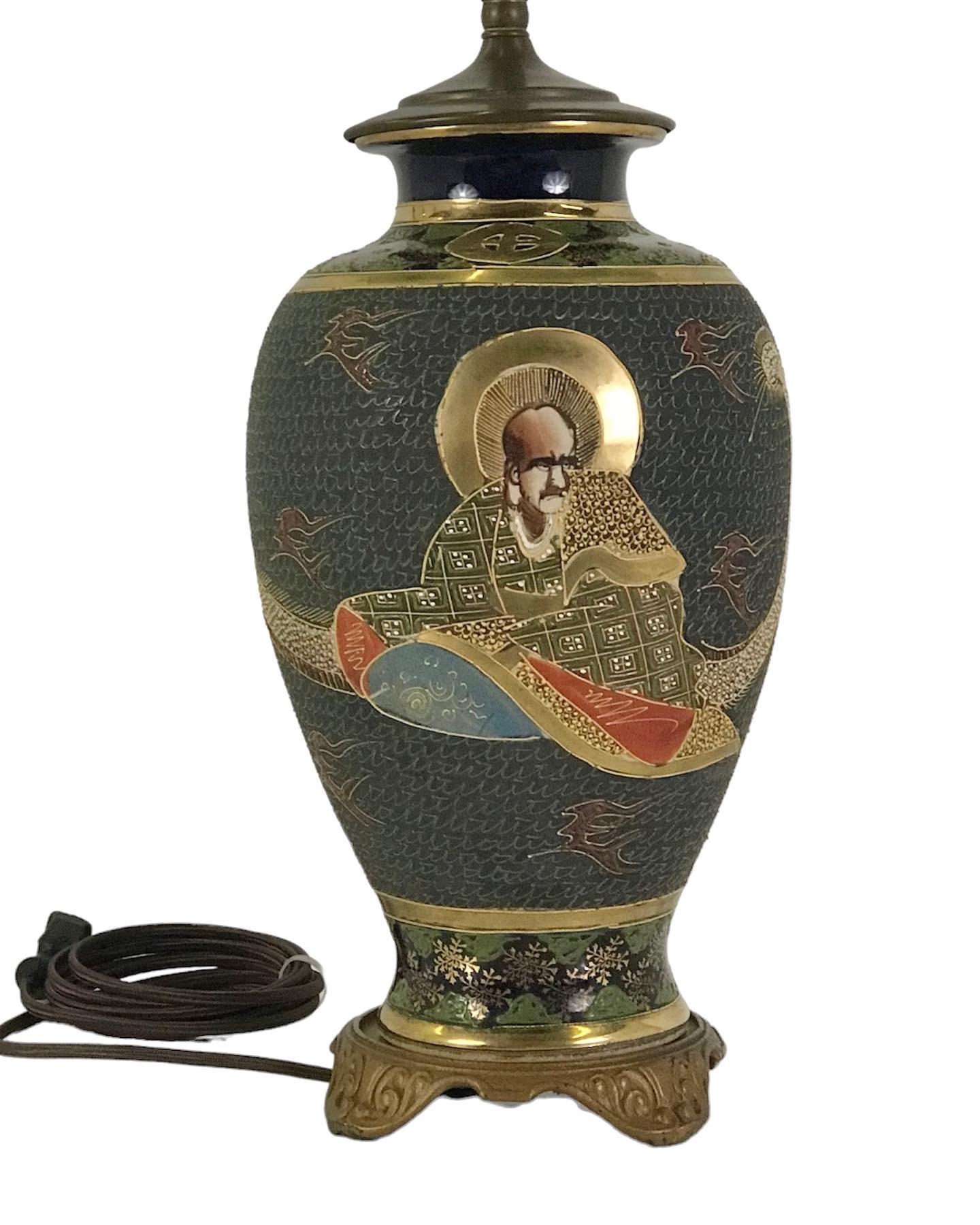 Japonisme Early 20th C. Satsuma Pottery Table Lamp Gilt & Polychrome Immortals Japan