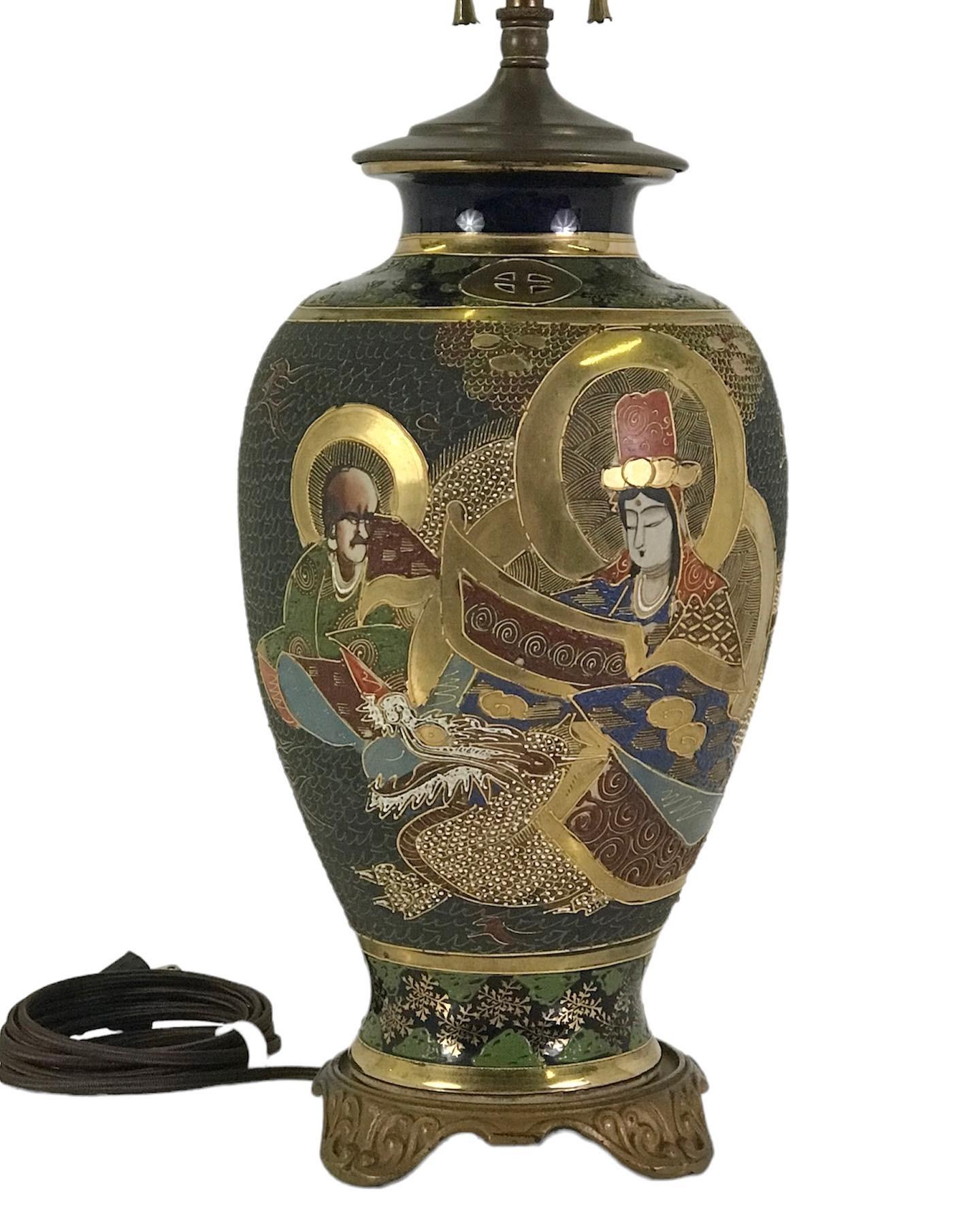 Japanese Early 20th C. Satsuma Pottery Table Lamp Gilt & Polychrome Immortals Japan
