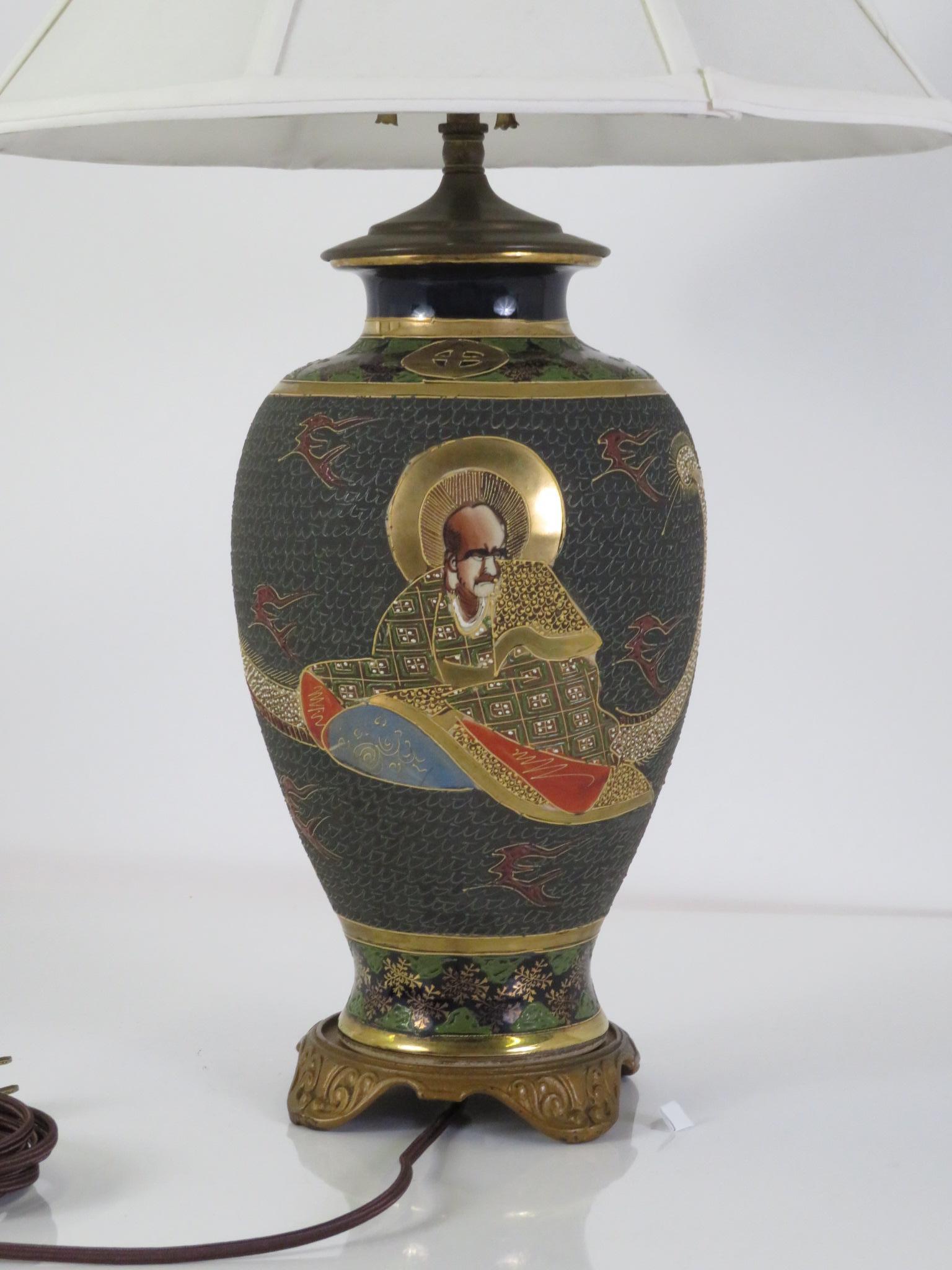 Early 20th C. Satsuma Pottery Table Lamp Gilt & Polychrome Immortals Japan In Good Condition In Miami, FL