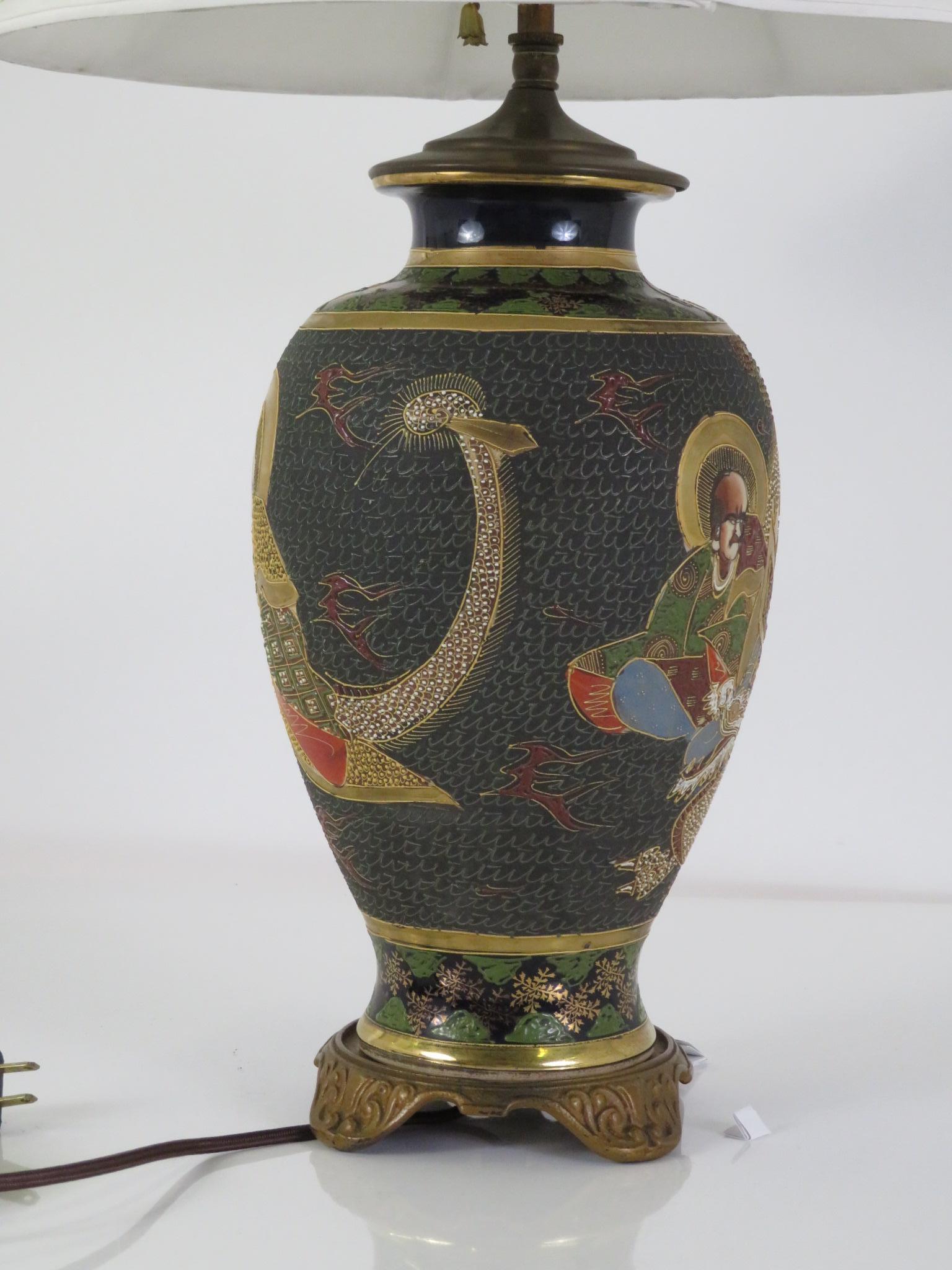 20th Century Early 20th C. Satsuma Pottery Table Lamp Gilt & Polychrome Immortals Japan