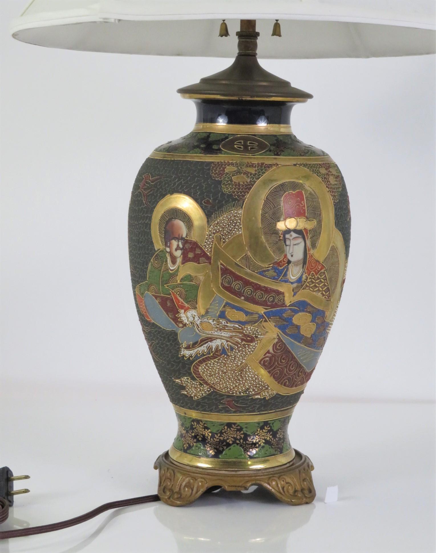 Ceramic Early 20th C. Satsuma Pottery Table Lamp Gilt & Polychrome Immortals Japan