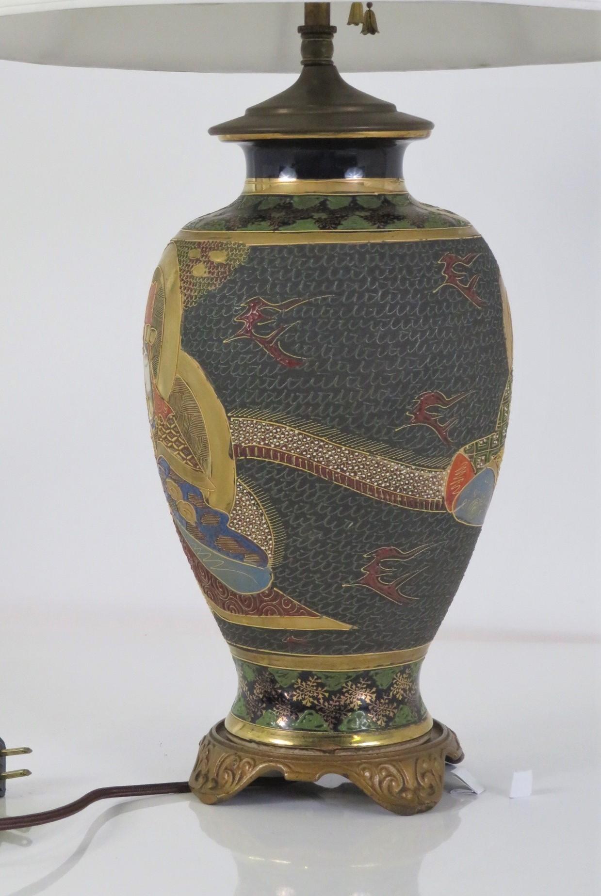 Early 20th C. Satsuma Pottery Table Lamp Gilt & Polychrome Immortals Japan 1