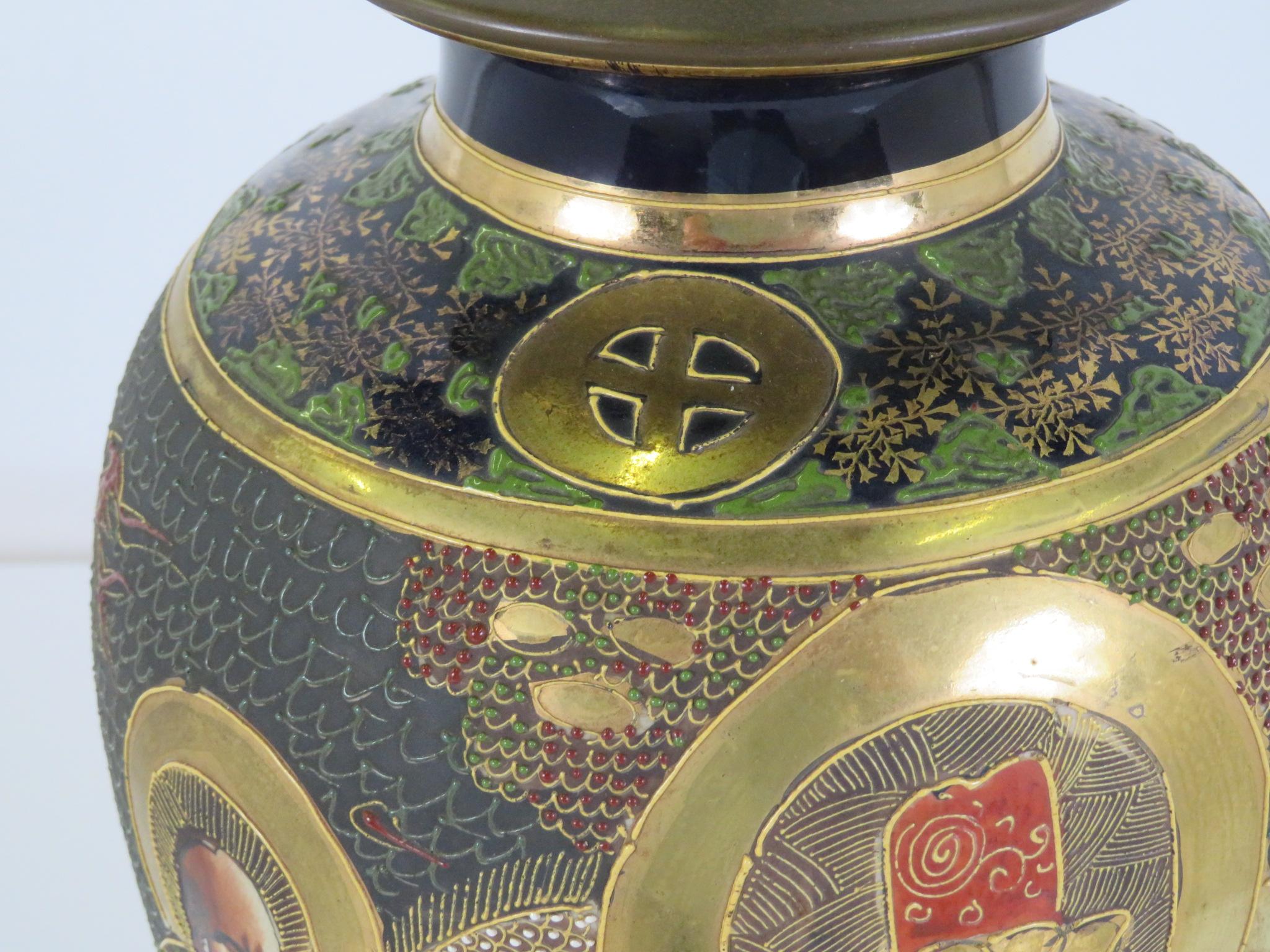 Early 20th C. Satsuma Pottery Table Lamp Gilt & Polychrome Immortals Japan 2