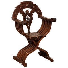 Early 20th C. Savonarola Armchair w/ Mother of Pearl Inlay & Intricate Carvings