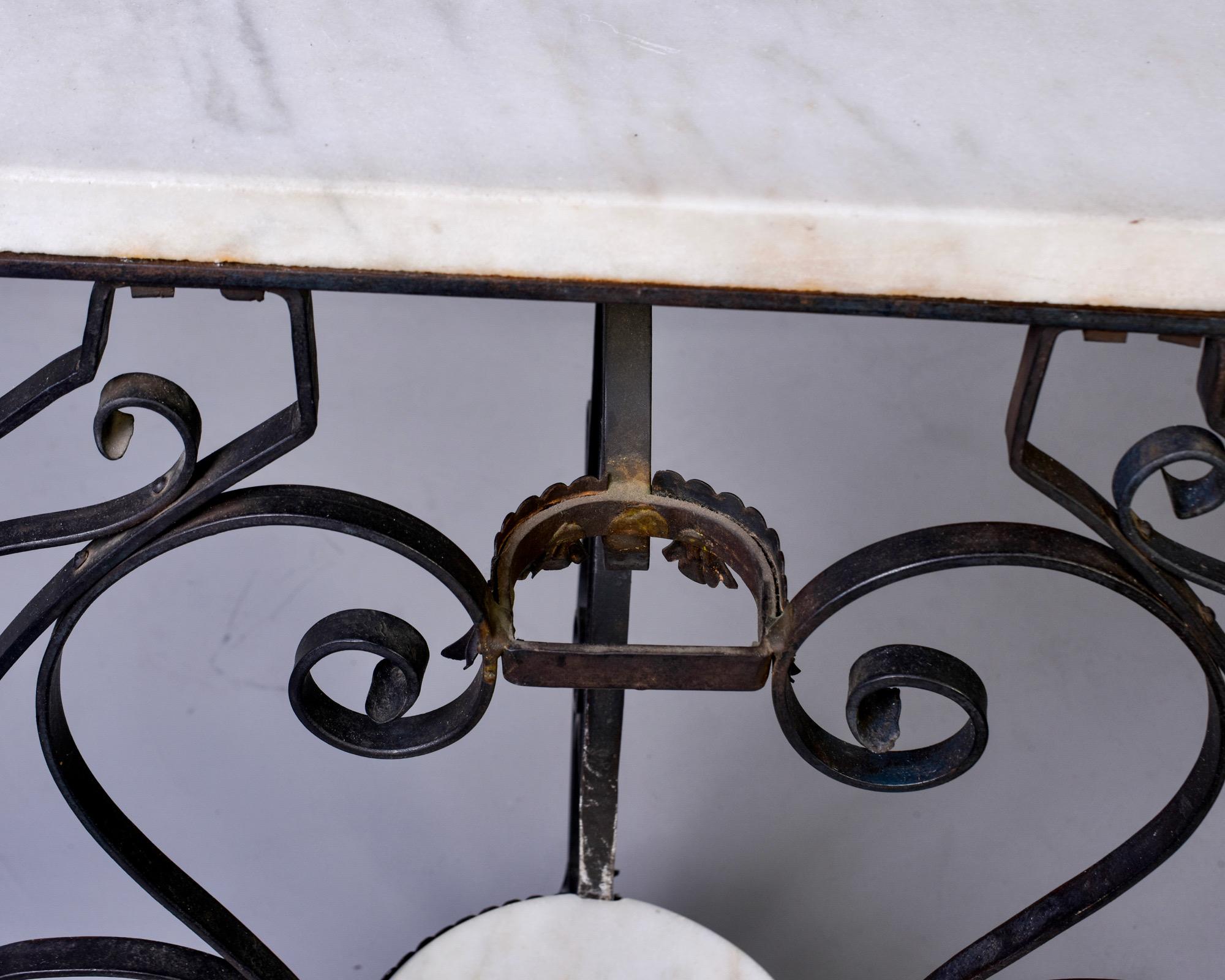 Early 20th Century Scrolled Iron and White Marble Demilune Console In Good Condition In Troy, MI