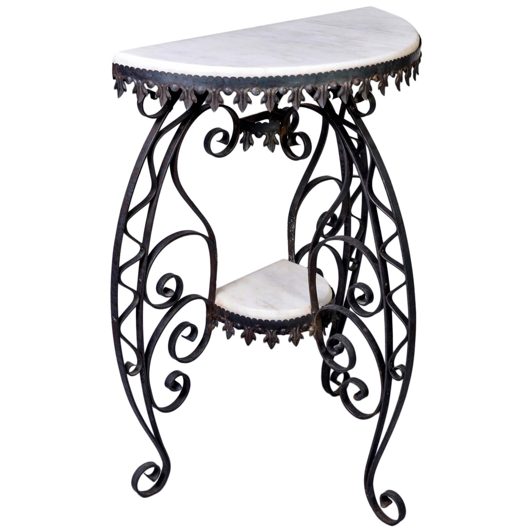 Early 20th Century Scrolled Iron and White Marble Demilune Console