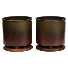 Primi anni del XX secolo, Showa, Coppia di antichi vasi braciere Hibachi in bronzo antico giapponese