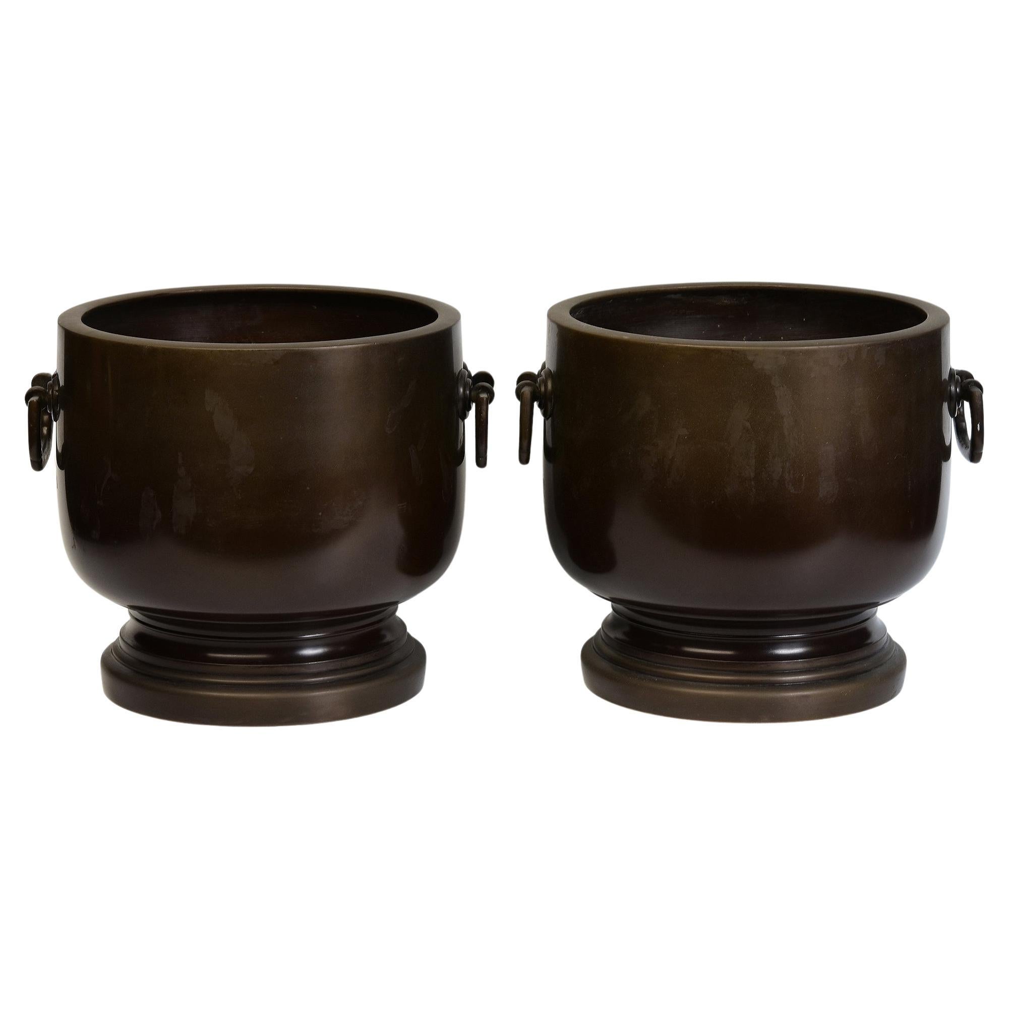 Early 20th C., Showa, A Pair of Antique Japanese Old Bronze Hibachi Brazier Pots