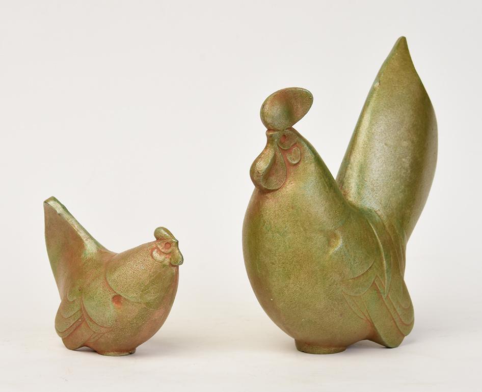 Hand-Carved 20th C., Showa, A Set of Japanese Bronze Animal Chickens with Artist Sign For Sale