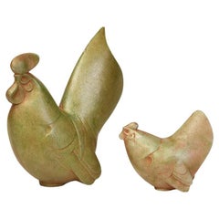 Vintage 20th C., Showa, A Set of Japanese Bronze Animal Chickens with Artist Sign