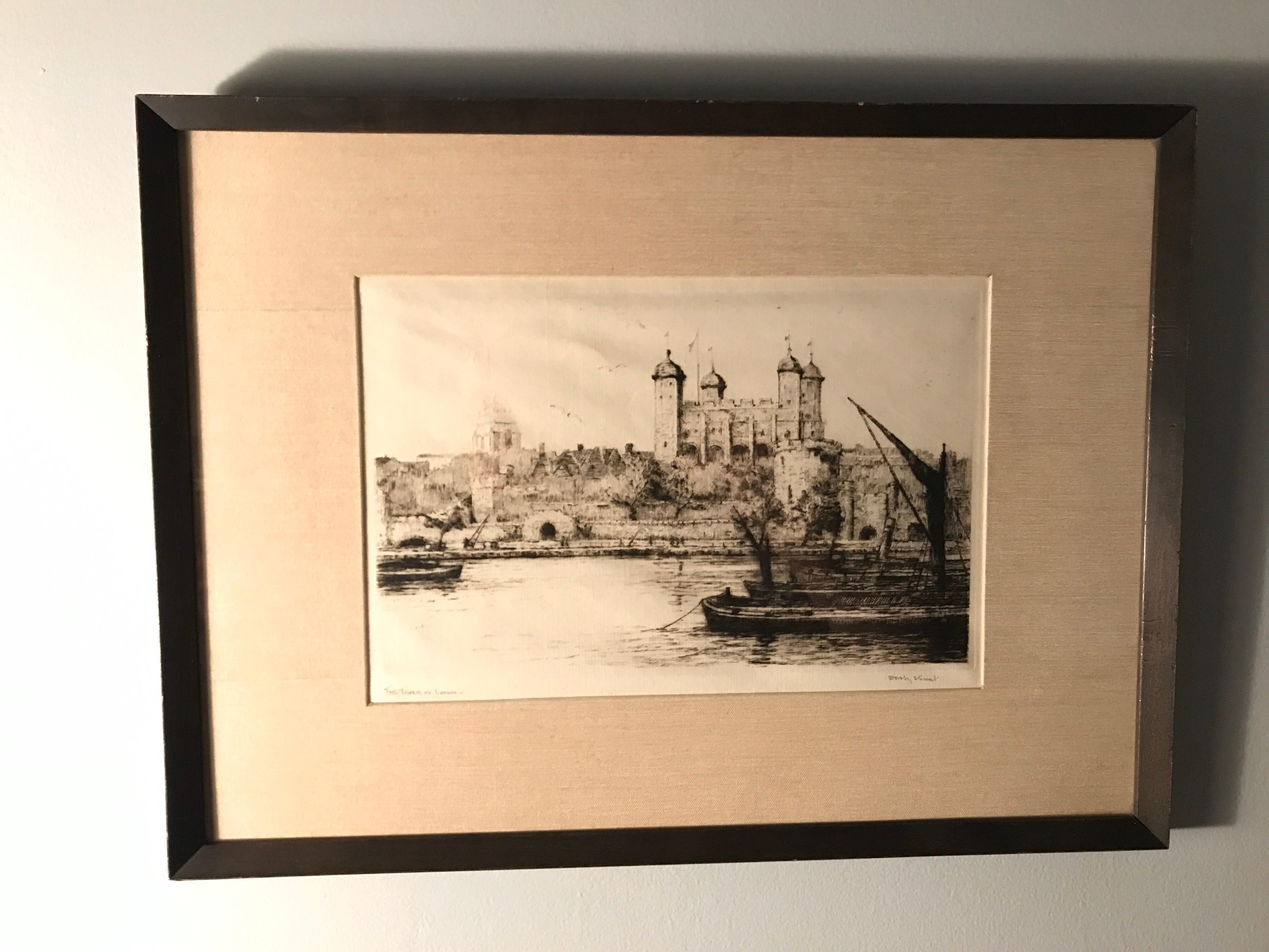 Early 20th C Signed Dorothy Sweet Etchings, “London’s Highway”, ”Tower of London” In Good Condition For Sale In Billerica, MA