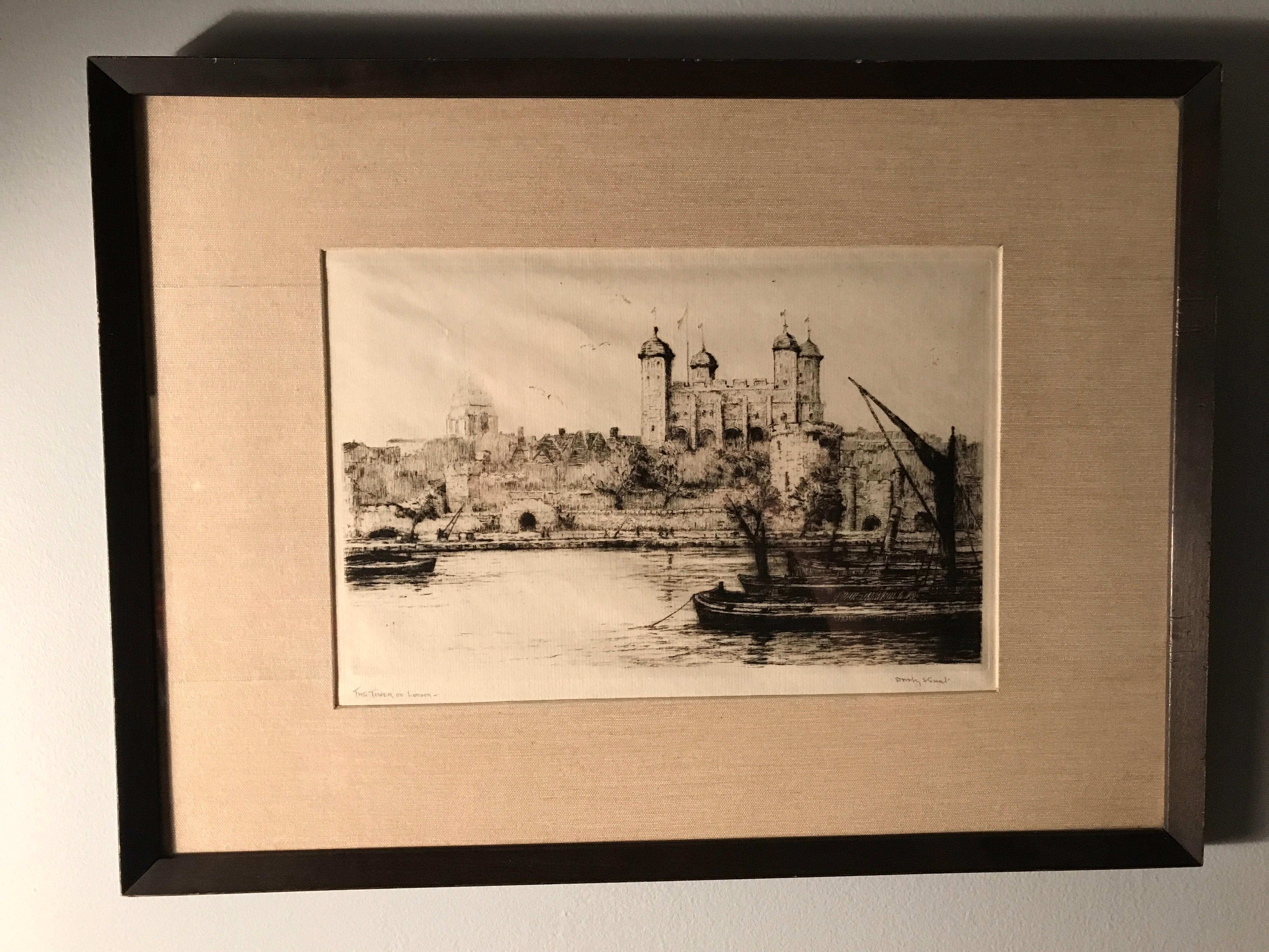 20th Century Early 20th C Signed Dorothy Sweet Etchings, “London’s Highway”, ”Tower of London” For Sale