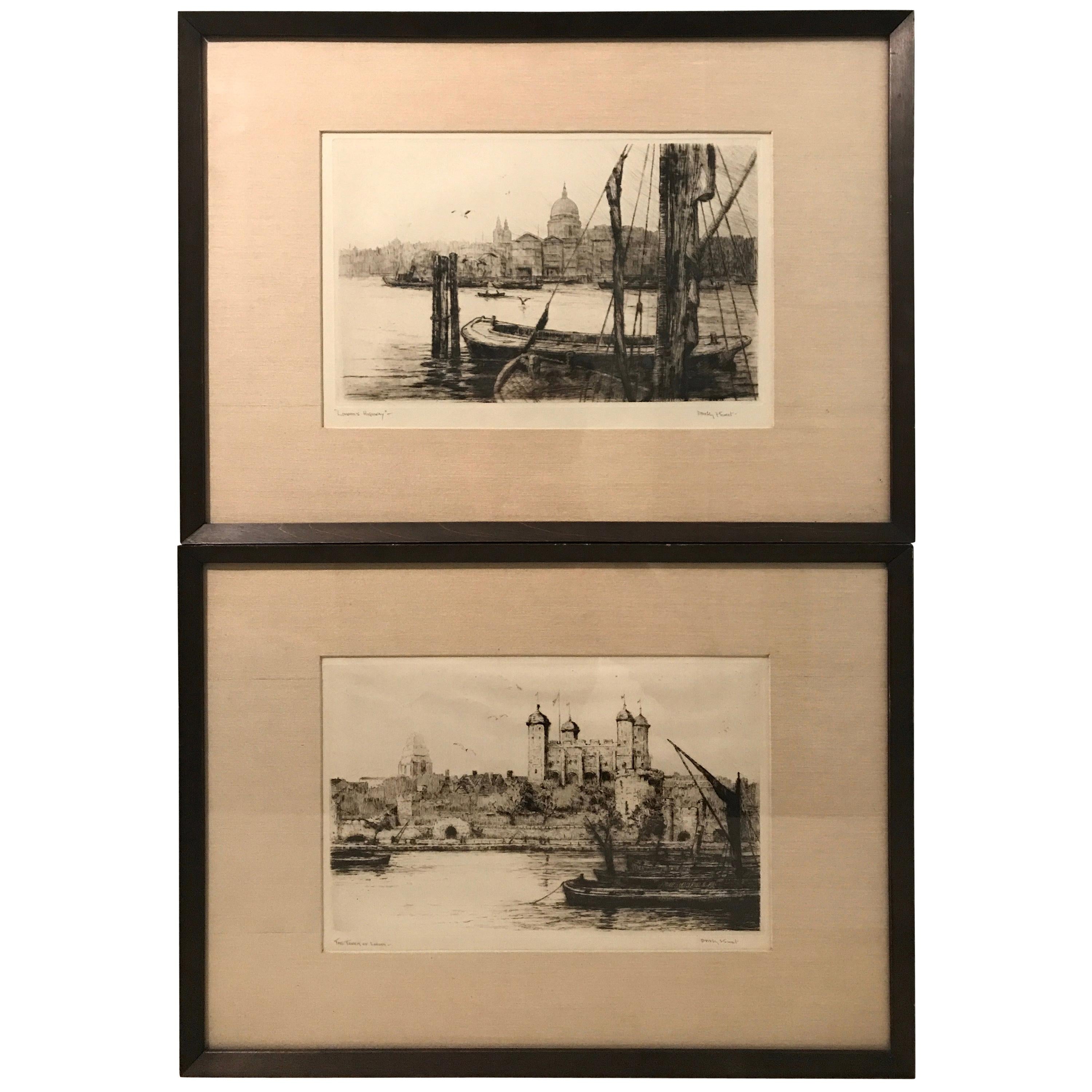 Early 20th C Signed Dorothy Sweet Etchings, “London’s Highway”, ”Tower of London” For Sale