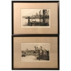 Early 20th C Signed Dorothy Sweet Etchings, “London’s Highway”,”Tower of London”