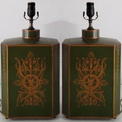 Early 20th-C. Signed French Neo-Classical Style Toleware Canister Lamps, Pair