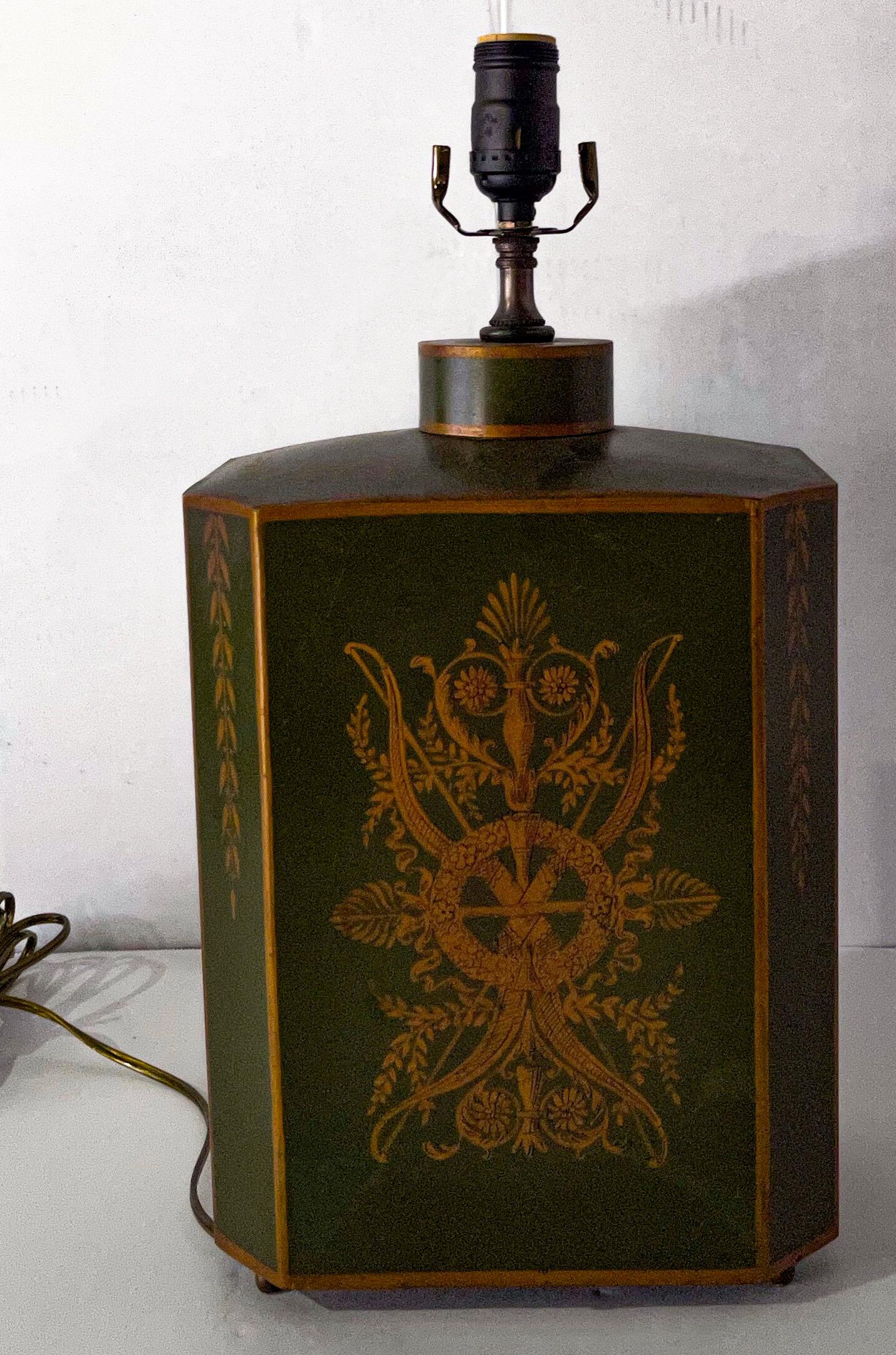 Neoclassical Early 20th-C. Signed French Neo-Classical Style Toleware Canister Lamps, Pair