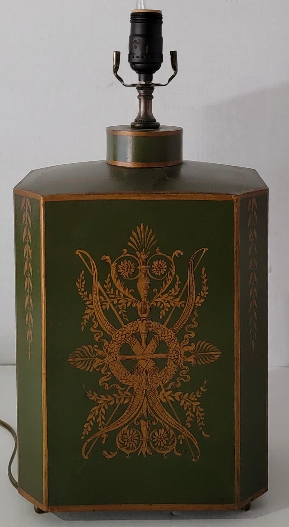 Early 20th-C. Signed French Neo-Classical Style Toleware Canister Lamps, Pair In Good Condition In Kennesaw, GA