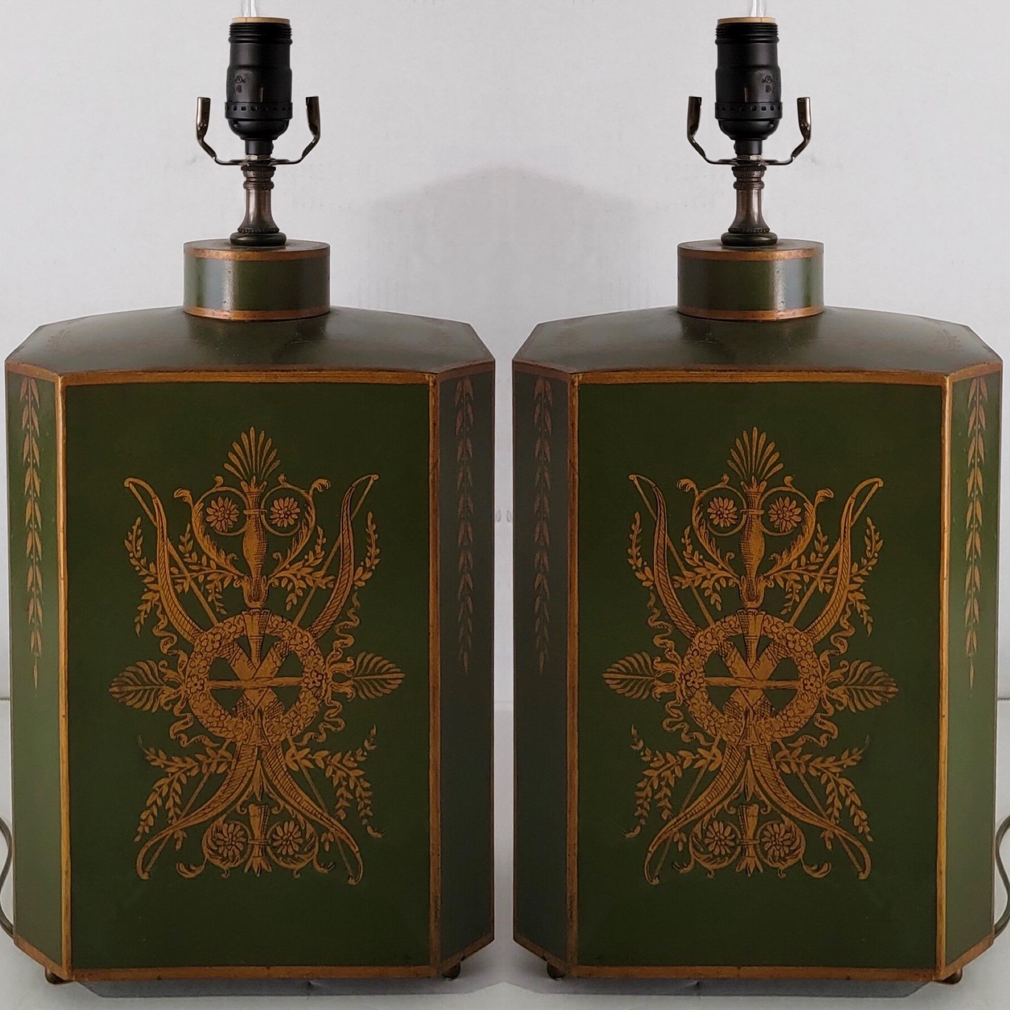 Metal Early 20th-C. Signed French Neo-Classical Style Toleware Canister Lamps, Pair