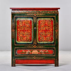 Early 20th C Small Hand Painted Red and Green Tibetan Cabinet
